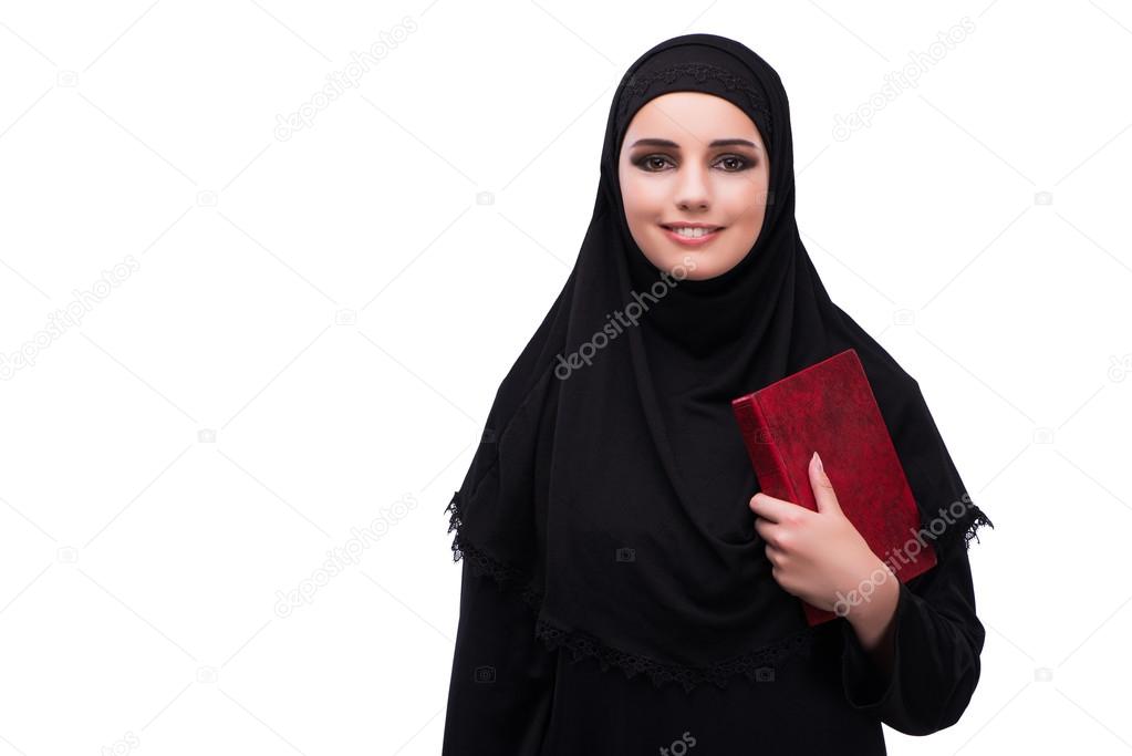Muslim woman in black dress isolated on white