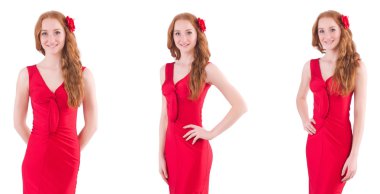 Kırmızı elbiseli güzel bir kız, beyaz tenli.