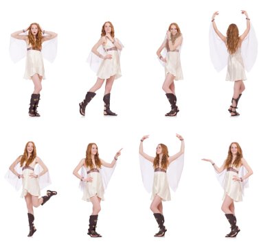 Beyaz tenli, açık renkli, büyüleyici elbiseli güzel bayan.