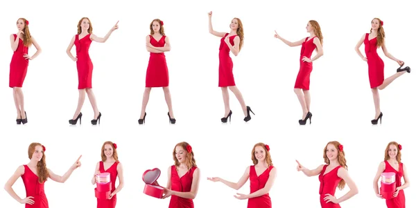Hezká mladá dívka v červených šatech izolované na bílém — Stock fotografie