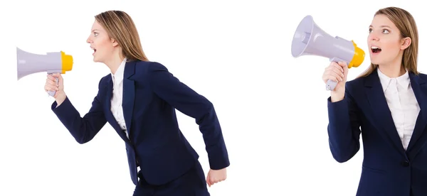 Businesswoman with loudspeaker isolated on white — Stock Photo, Image