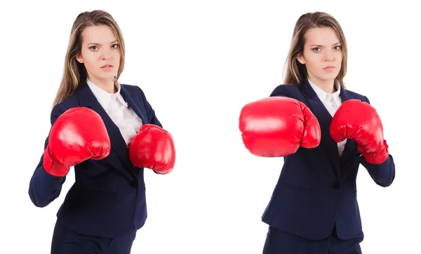 Vrouw zakenvrouw met bokshandschoenen op wit — Stockfoto