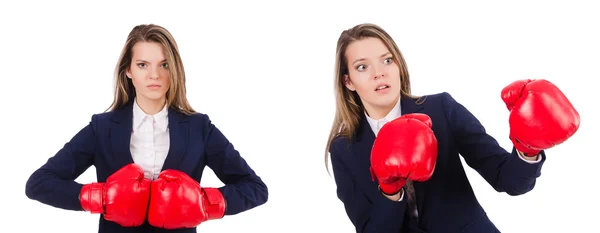 Mulher empresária com luvas de boxe em branco — Fotografia de Stock