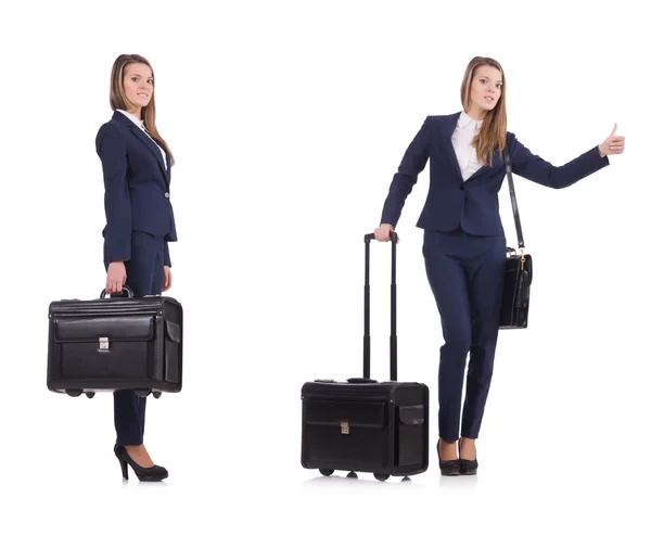 Jeune femme d'affaires avec valise isolée sur blanc — Photo