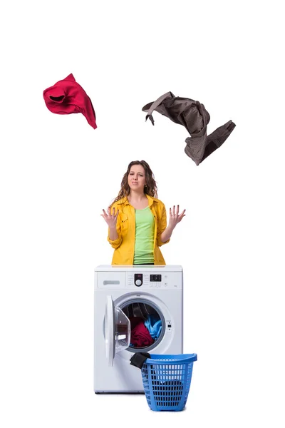 Woman feeling sressed after doing dirty laundry — Stock Photo, Image