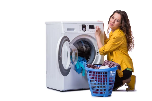 Mulher cansada depois de lavar a roupa isolada no branco — Fotografia de Stock
