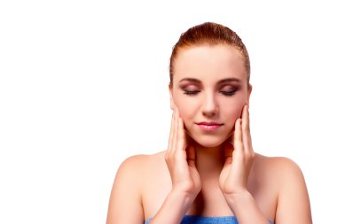 Woman with headache isolated on white