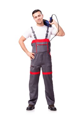 Beyaz izole matkap perforator ile genç tamirci