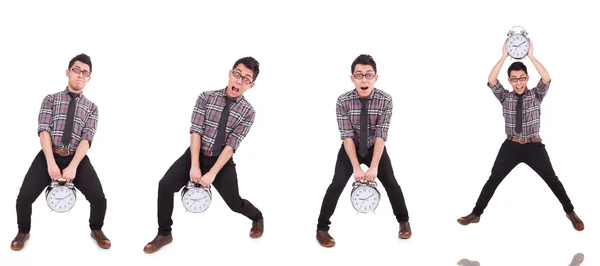 Jeune homme avec horloge isolé sur blanc — Photo