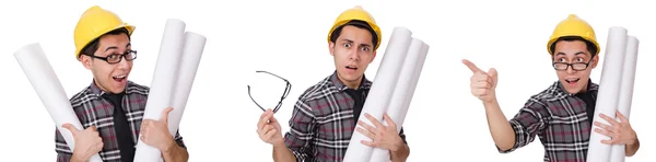 Funny man with blueprints on white — Stock Photo, Image