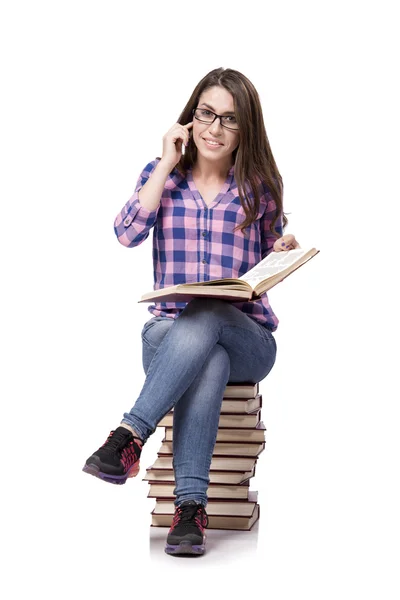 Junge Studentin bereitet sich auf die College-Prüfungen isoliert auf weiß — Stockfoto