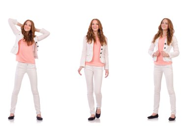 Beyaz arka planda izole edilmiş genç bir kadın