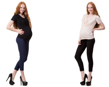 Karmaşık görüntülü hamile kadın beyazda izole edilmiş.