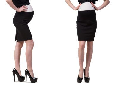 Karmaşık görüntülü hamile kadın beyazda izole edilmiş.