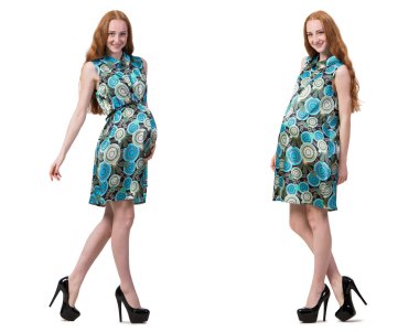 Karmaşık görüntülü hamile kadın beyazda izole edilmiş.