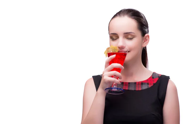 Woman with red cocktail isolated on white — Stock Photo, Image