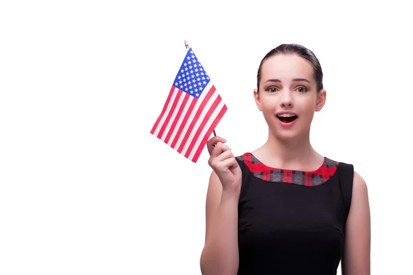 Mulher com bandeira americana isolada em branco — Fotografia de Stock