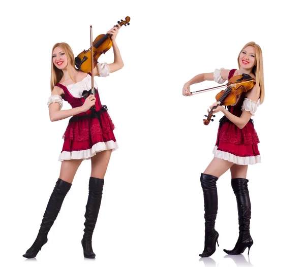 Bavarian girl playing the violin isolated on white — Stock Photo, Image