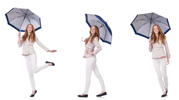 Junge Frau mit Regenschirm auf weißem Grund — Stockfoto