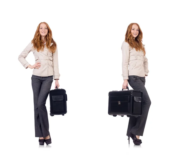 Young businesswoman with suitcase isolated on white — Stock Photo, Image