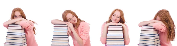 Woman student with stacks of books — Stock Photo, Image