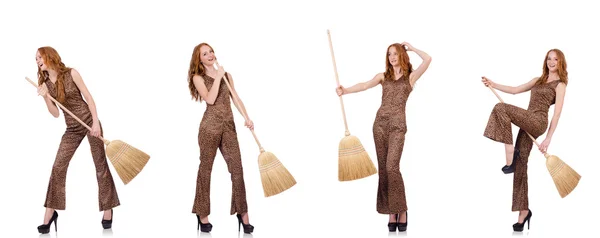 Woman cleaning floor isolated on white — Stock Photo, Image