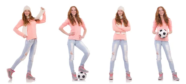 Jeune femme avec football isolé sur blanc — Photo