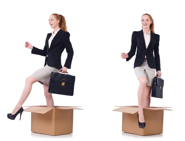 Businesswoman with boxes isolated on white — Stock Photo, Image