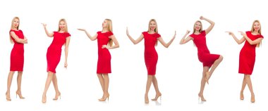 Kırmızı elbiseli kadın beyaz giyindi.