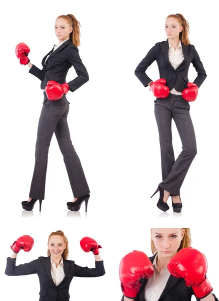 Femme d'affaires avec gants de boxe sur blanc — Photo