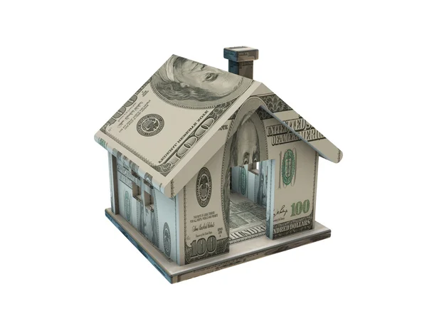 Huis gemaakt met dollar biljetten geïsoleerd op wit — Stockfoto