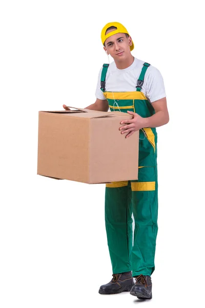 Jovem homem em movimento caixas isoladas em branco — Fotografia de Stock