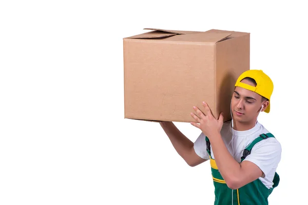 Hombre joven moviendo cajas aisladas en blanco — Foto de Stock
