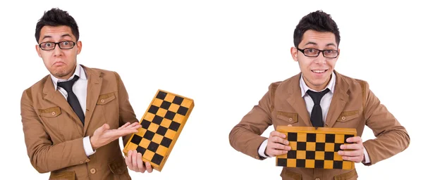 Divertente giocatore di scacchi isolato su bianco — Foto Stock