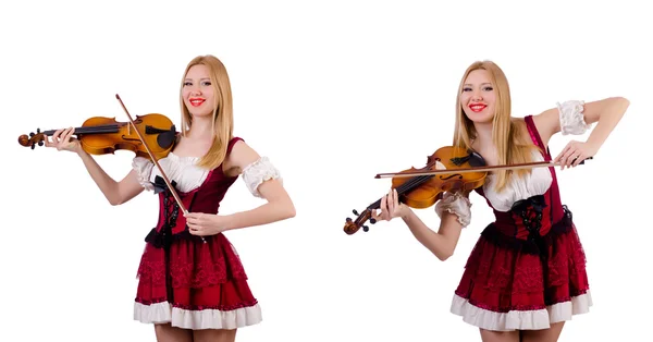 Bavarian girl playing the violin isolated on white — Stock Photo, Image