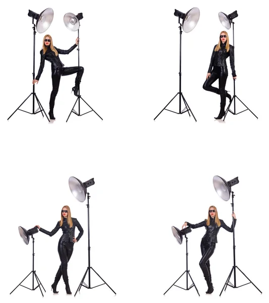 Collage av kvinna under fotografering isolerad på vit — Stockfoto