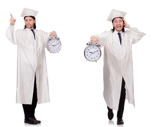 Young man student with clock isolated on white — Stock Photo, Image