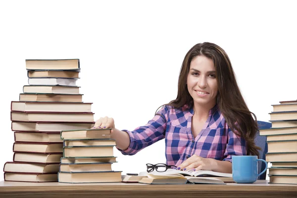 Junge Studentin bereitet sich auf die College-Prüfungen isoliert auf weiß — Stockfoto