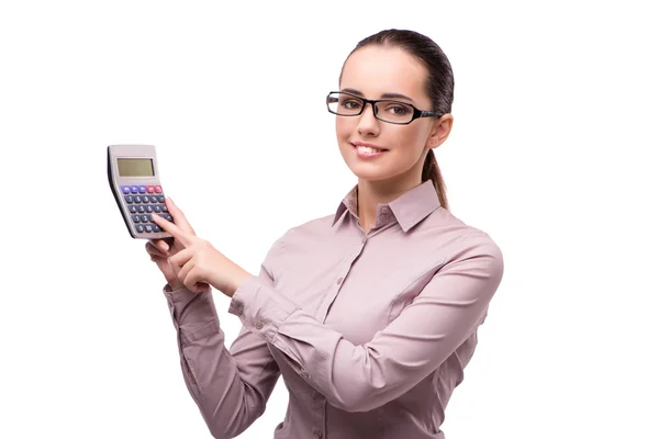 Молодая деловая женщина с калькулятором изолированы на белом — стоковое фото