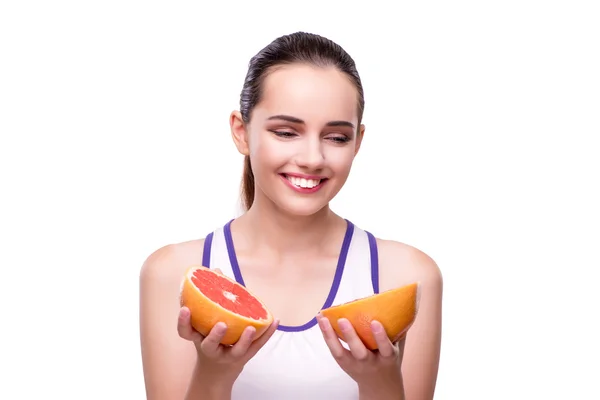 Vrouw met grapefruit geïsoleerd op wit — Stockfoto