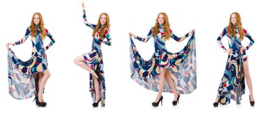 Beyaz elbiseli, mavi elbiseli çekici bir kadın.