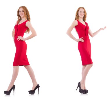 Kırmızı elbiseli güzel bir kız, beyaz tenli.