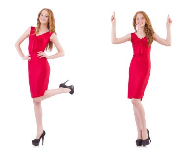 Kırmızı elbiseli güzel bir kız, beyaz tenli.