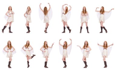 Beyaz tenli, açık renkli, büyüleyici elbiseli güzel bayan.