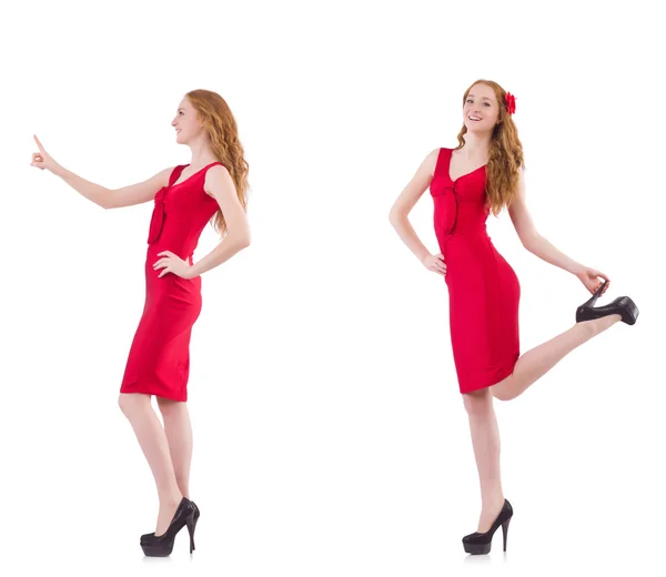 Pretty young girl in red dress isolated on white — Stock Photo, Image