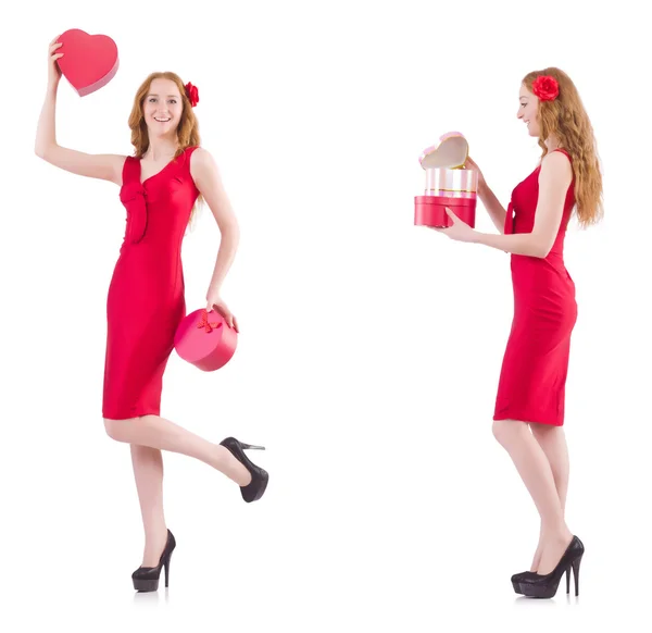 Red dress woman holding gift box isolated on white — Stock Photo, Image