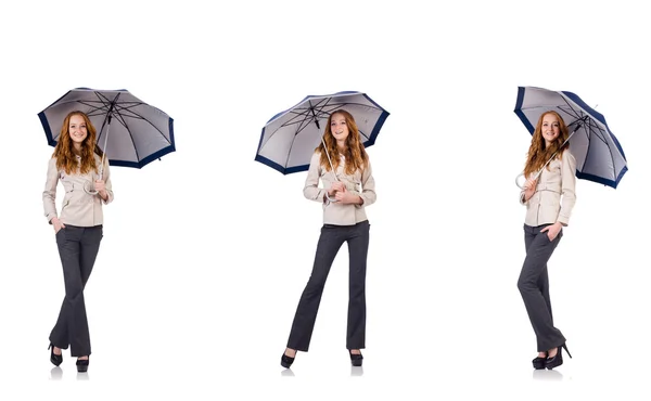 Junge Frau mit Regenschirm isoliert auf weißem Grund — Stockfoto