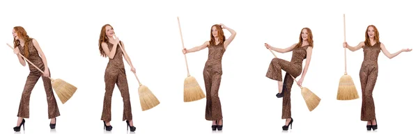 하얗게 격리 된 바닥 청소하는 여자들 — 스톡 사진