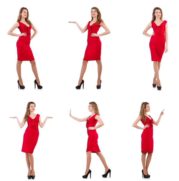 Young woman in red dress isolated on white — Stock Photo, Image