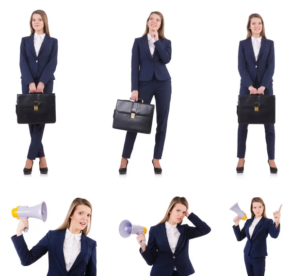 Businesswoman with loudspeaker isolated on white — Stock Photo, Image